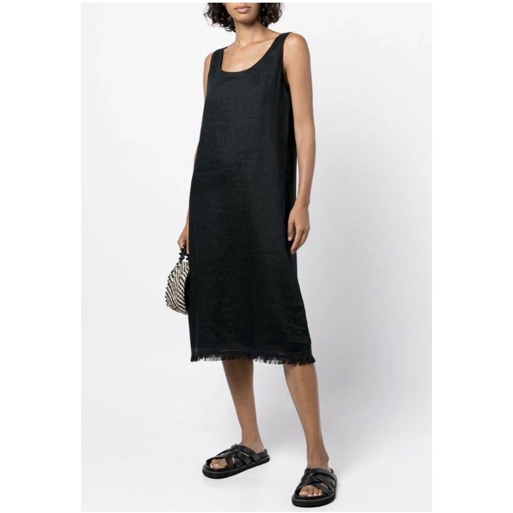 THEORY Women's Black Scoop Neck Fringed Tank Midi Dress Linen Size 6